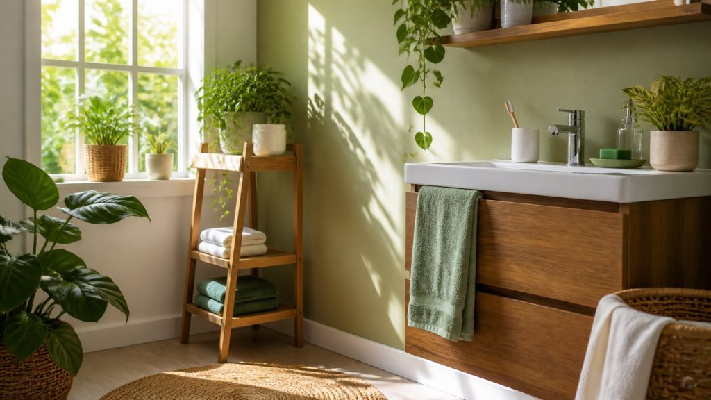 Sunlight casting plant shadows in sunlit plant-filled bathroom for good daily skincare routine