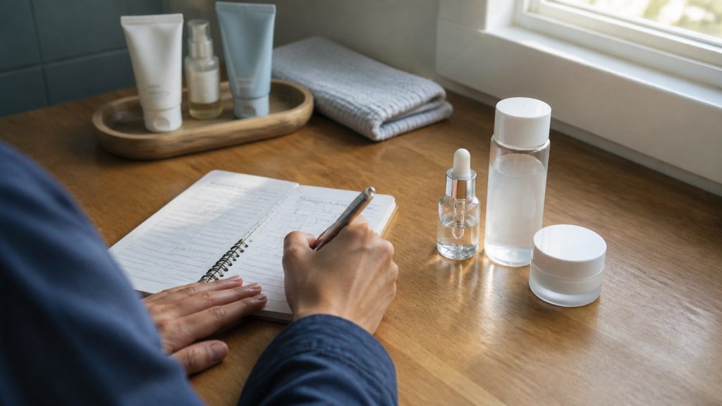 Korean skincare troubleshooting setup with paused products and a simplified routine