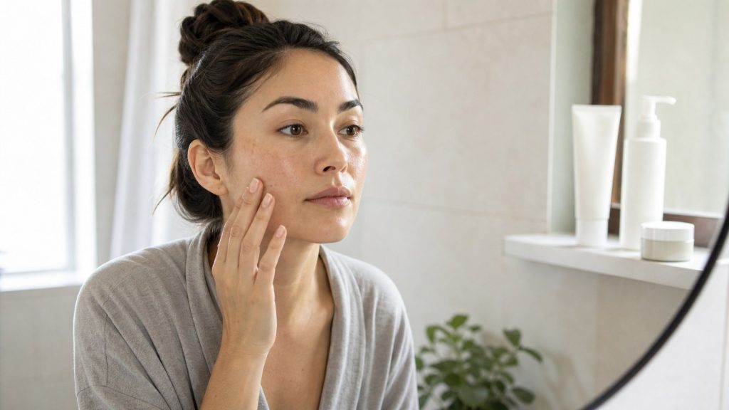 Normal skin type with balanced cheeks and T-zone beside a simple skincare routine