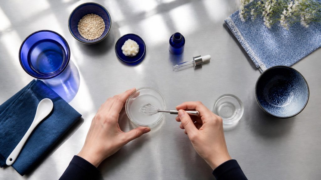 Whisking ingredients in a glass bowl in stainless steel work surface for repair skin barrier naturally