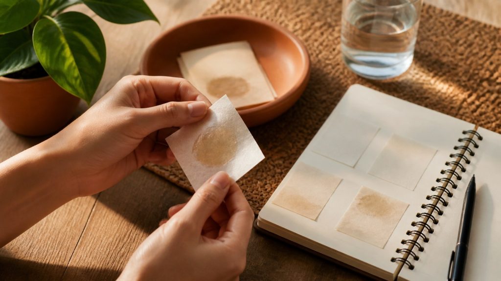 Examining stained paper in wooden tabletop workspace for skin type condition