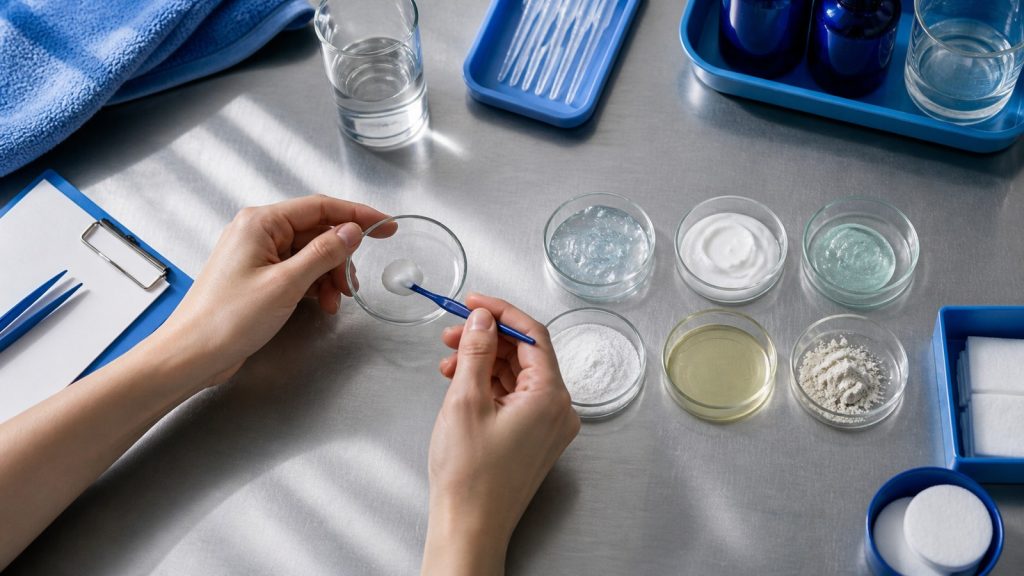 Mixing substances in a glass dish in laboratory workbench for skincare ingredients for acne