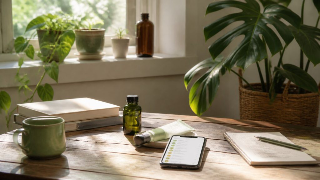 Skincare ingredients checker used to compare a cosmetic label, serum condition, and routine compatibility