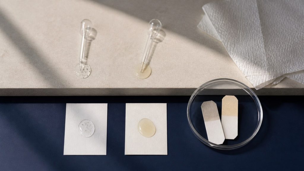 Comparing liquid samples in laboratory tabletop for skincare ingredients comparison