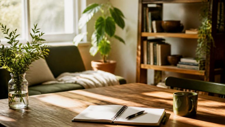 Notebook and mug resting on table in sunlit home workspace for skincare ingredients for rosacea