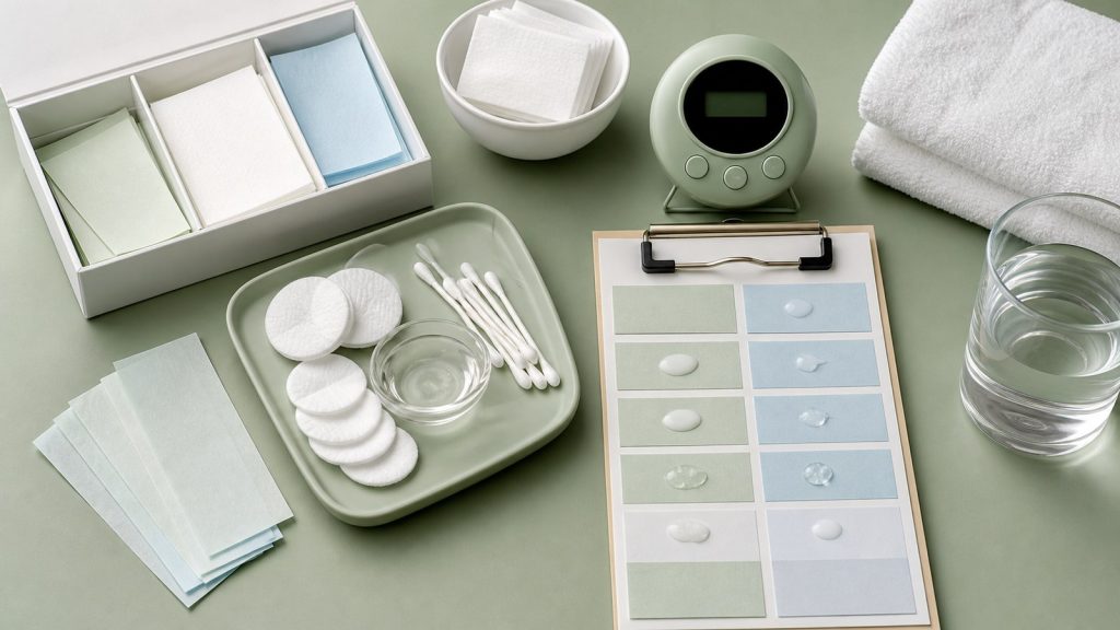 Comparing liquid samples in skincare testing workspace for skincare routine troubleshooting