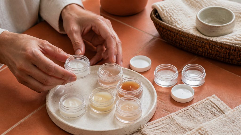 Holding an open cosmetic jar in terracotta tiled tabletop for skincare troubleshooting