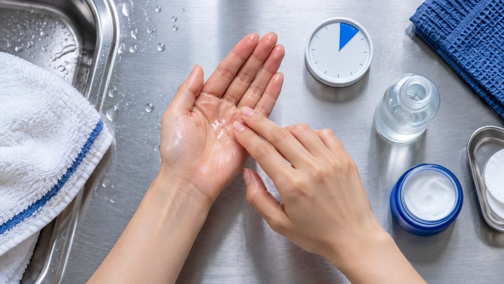 Applying lotion to palm in stainless steel sink area for korean skincare second rule