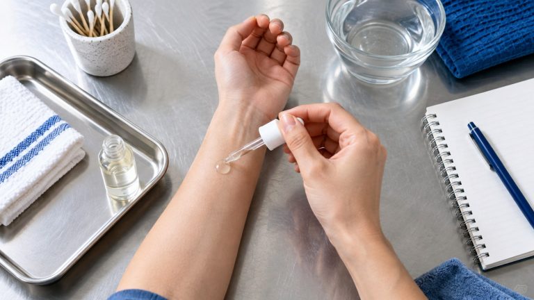 Applying serum to forearm in spa treatment workspace for patch test skincare serum
