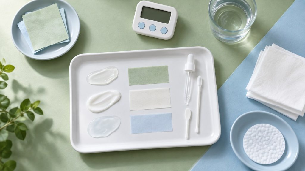 Displaying skincare materials in pastel tabletop arrangement for skincare niacinamide