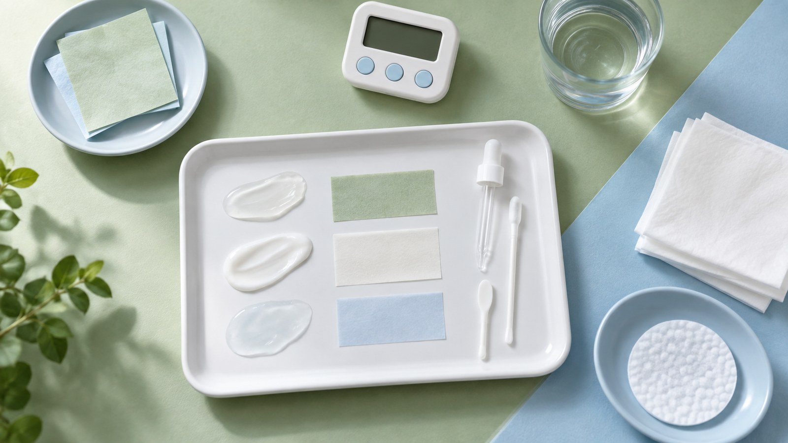 Displaying skincare materials in pastel tabletop arrangement for skincare niacinamide