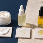 Products displayed with swatches in two tone tabletop for skincare retinol