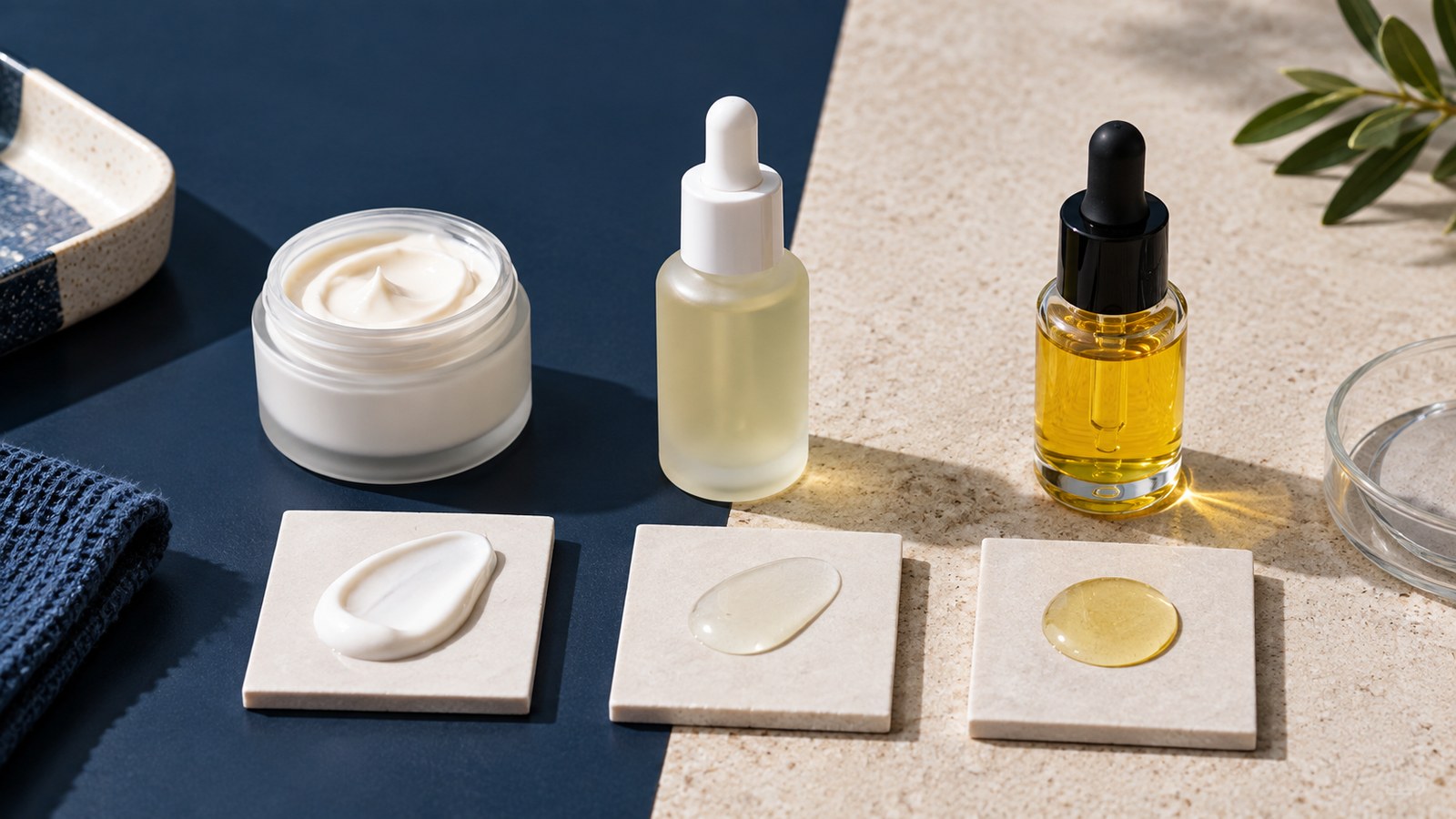 Products displayed with swatches in two tone tabletop for skincare retinol