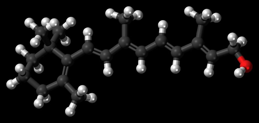 Ball-and-stick molecular model of retinol or a related vitamin A compound