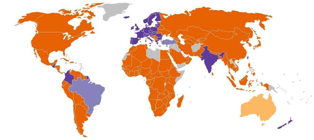 Color-coded world map showing country-by-country regional categories